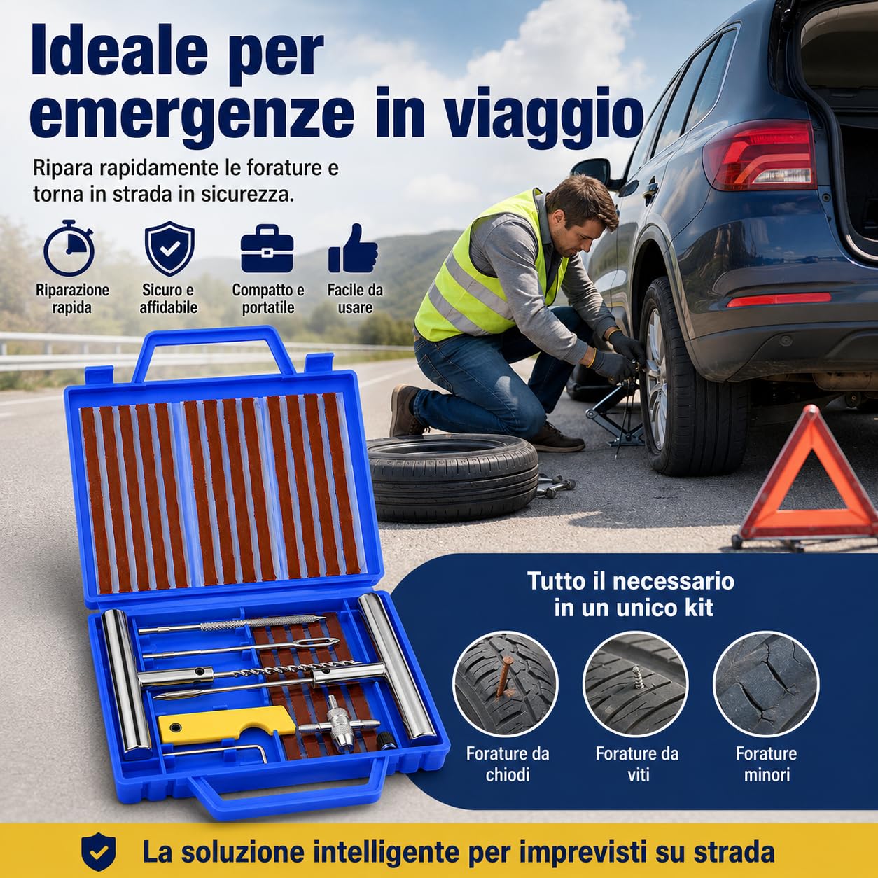 Kit Riparazione Pneumatici Tubeless 37 Pezzi Gomme Auto Moto Strisce Attrezzi Tappi Valvola