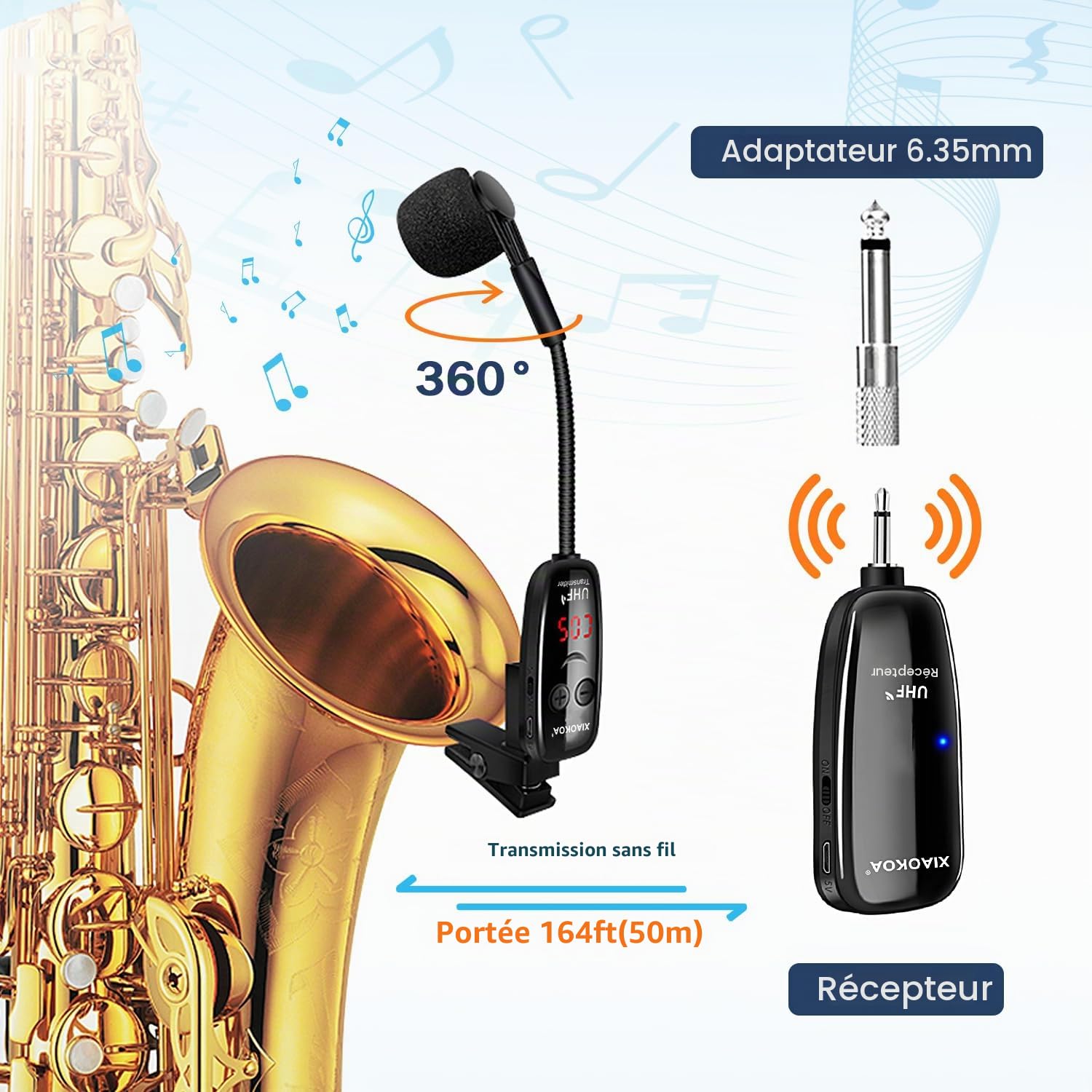 Microphone sans Fil pour Saxophone, Microphone Wireless UHF pour Instruments de Musique, Récepteur et émetteur sans Fil pour Saxophone/Trompette/Trombone/Clarinette