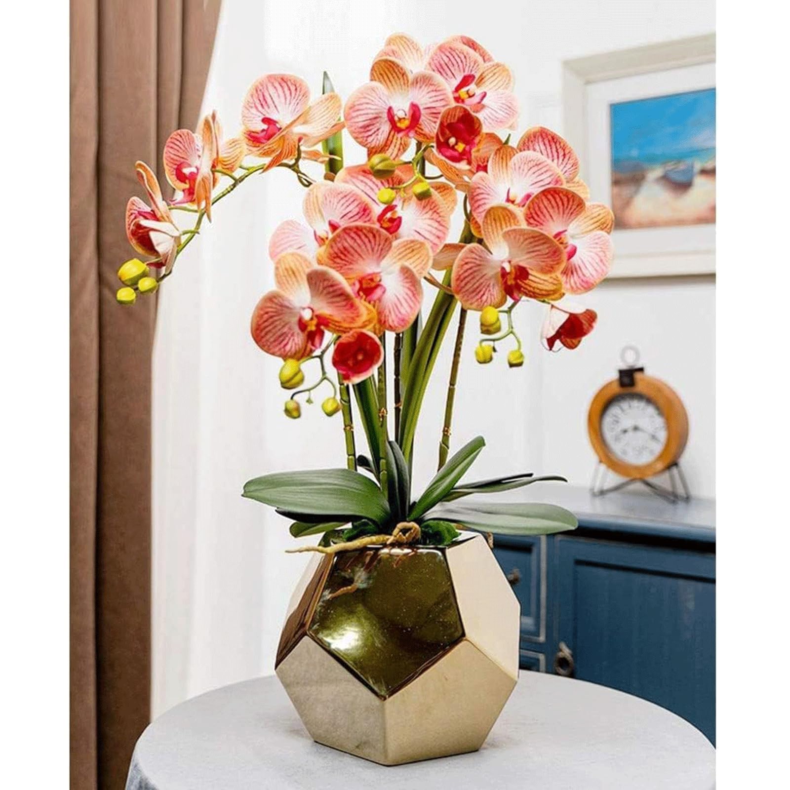MYUYEE Faux Orchids Yellow Artificial Orchid Polyurethane Artificial Flower Ceramic Vase Artificial Phalaenopsis Flowers Fake Floral