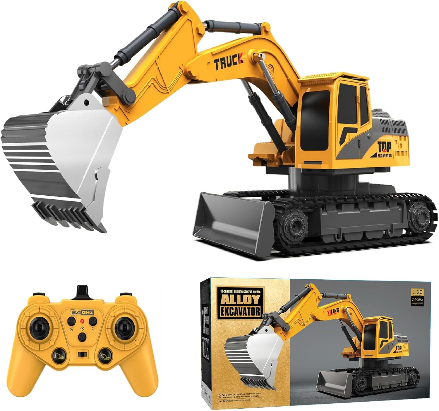 Remote Controlled Excavator Toys for Boys 2-in-1 RC Excavator Tractor with Bulldozer 2.4GHz Construction Vehicle Toy Car with Light and Music for Boys Aged 3 4 5 6 7 8 to 12 Years