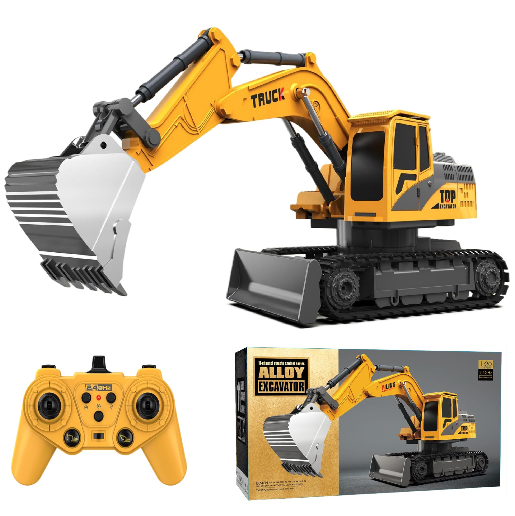 Jouets d'excavatrice télécommandée pour garçons, tracteur pelleteuse RC 2 en 1 avec bulldozer, véhicules de construction 2,4 GHz avec lumière et musique pour garçons de 3, 4, 5, 6, 7, 8 à