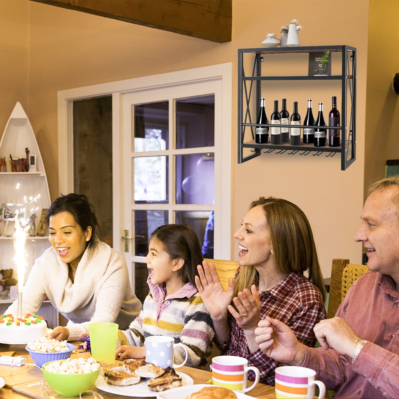 Todeco Étagère à Vin Murale avec Porte-Verres, 12 Bouteilles, Casier à Vin