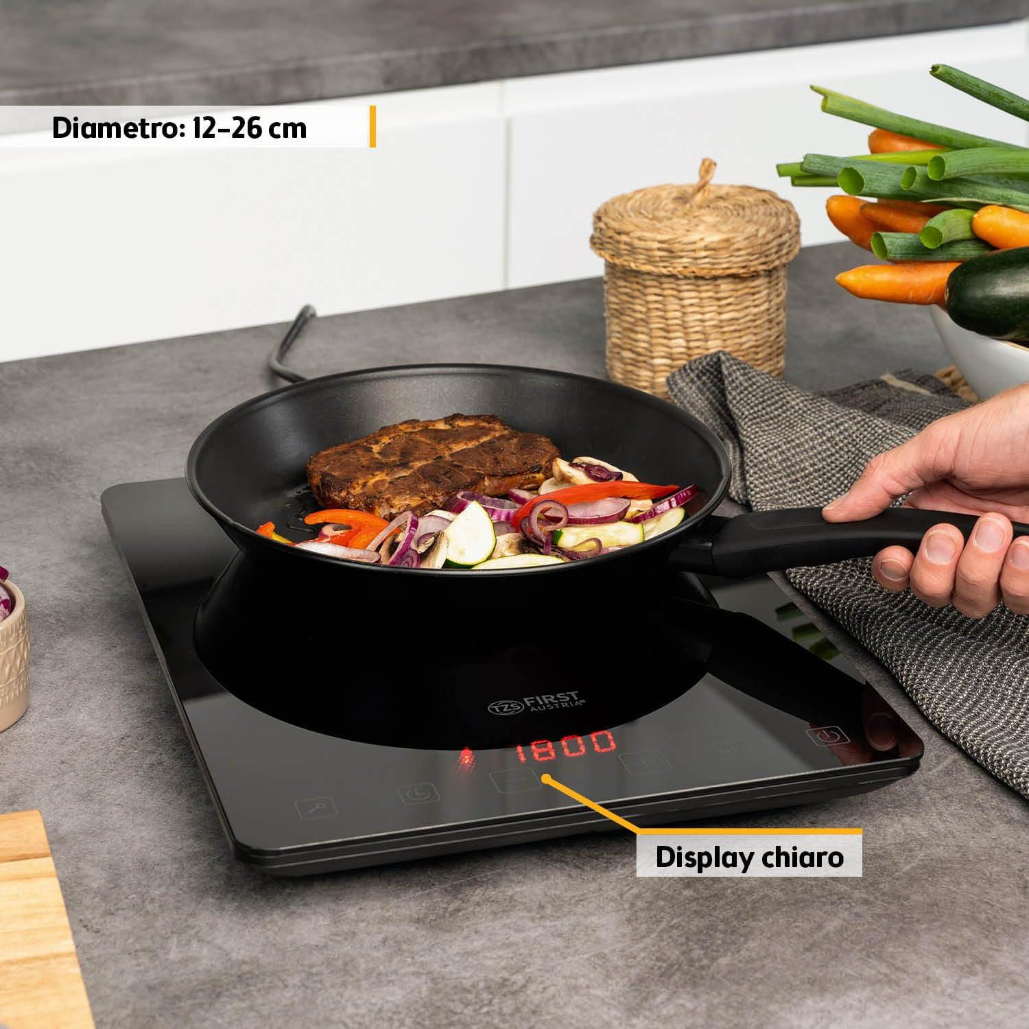 TZS First Austria - Piastra a Induzione 2000W - Design Ultra Sottile & Vetro Cristallo - Piano Cottura Digitale Touch, 10 Livelli & Timer - Ø 260 mm - Ideale per Camping & Ufficio