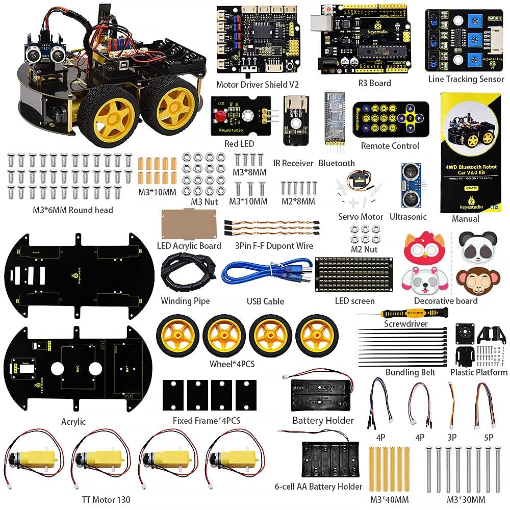 KEYESTUDIO Kit de démarrage de Voiture Robot 4 Roues motrices pour Arduino IDE, télécommande Infrarouge Bluetooth, Suivi de Ligne, prévention des Obstacles, etc. Kit de Programmation robotique
