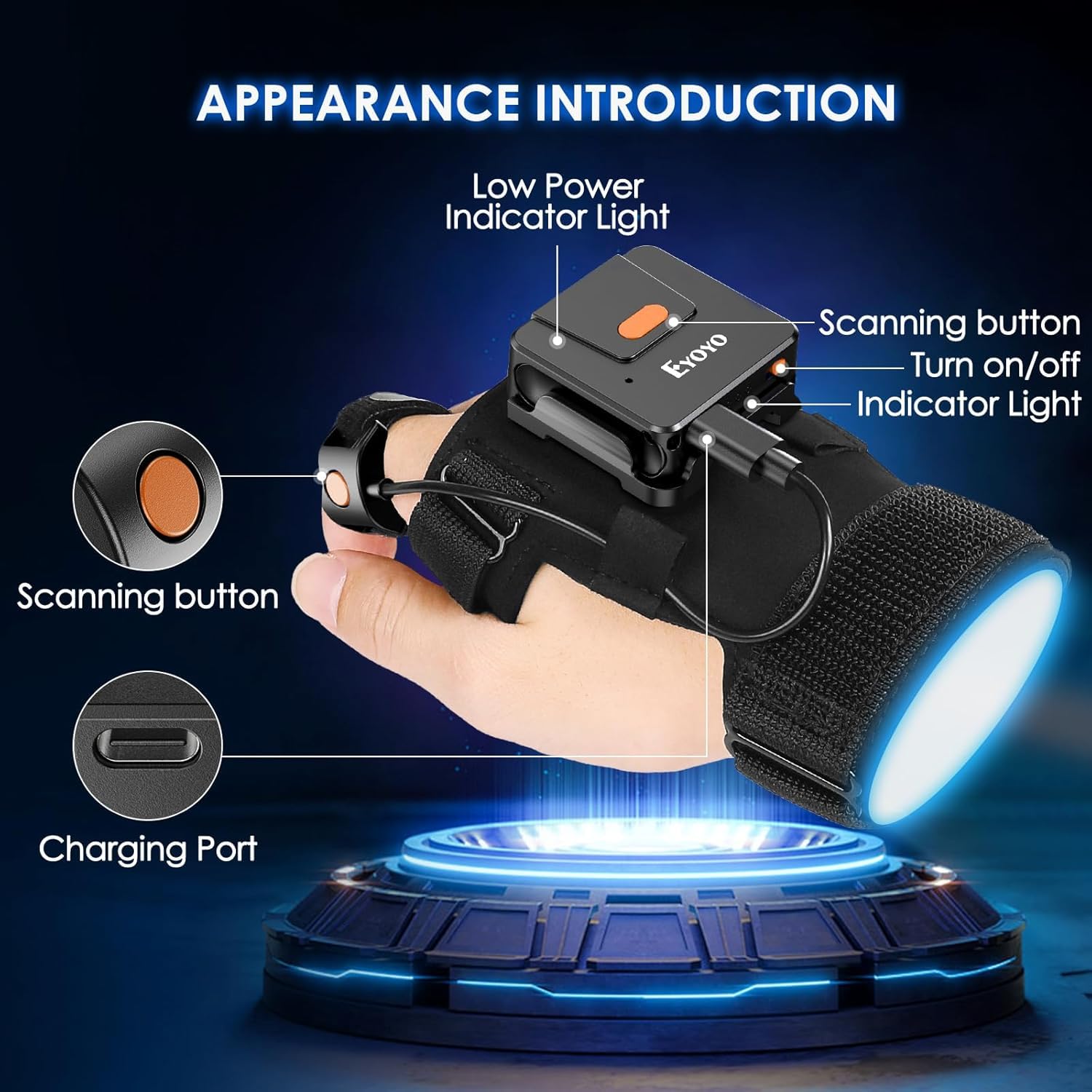 Eyoyo Guanto portatile Bluetooth per scanner codici a barre 1D 2D QR Code lettore ad anello per mano sinistra e destra, scanner di inventario wireless compatibile con dispositivi iOS e Android