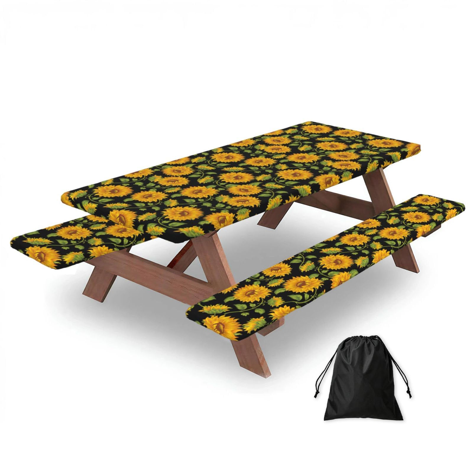 Zyjhyy Black Sunflower Pattern Print Party Table Covers With Bench Covers Set Of 3 Picnic Table Cloth Wipe Clean For Garden Camping