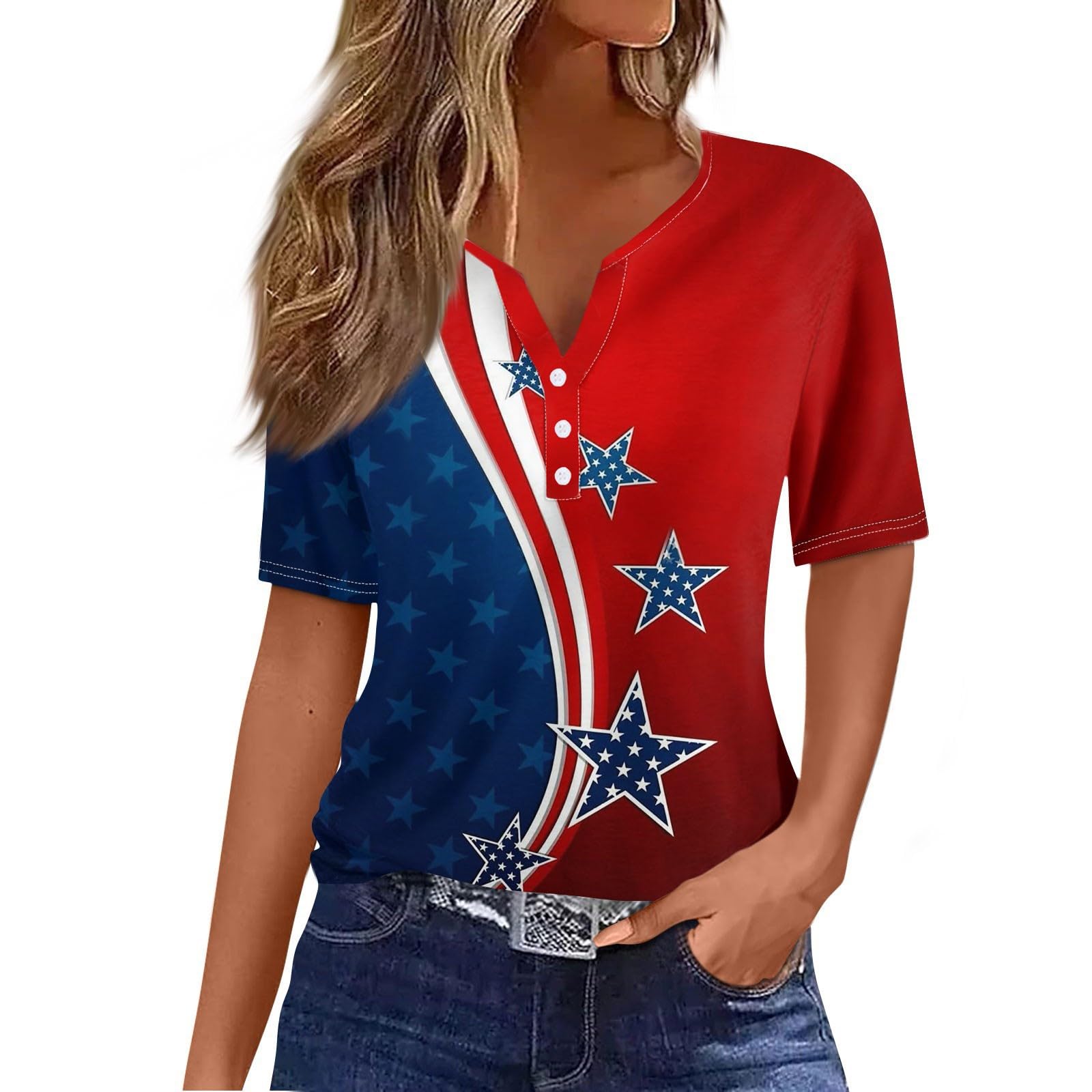 4Th of July Shirts Women Summer Tops for Womens 2025 Short Sleeve Patriotic Tops Henley V-Neck Casual American Flag Shirt