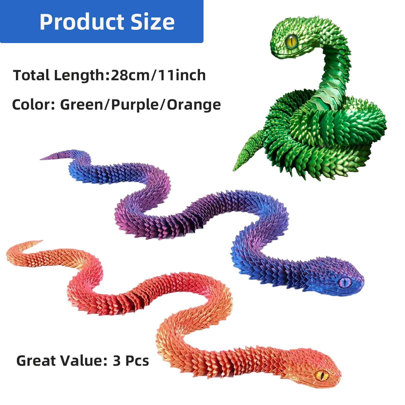 3D Printed Animal Snake Set (11 in, 3 Pieces) - Flexible Articulated Animal Snake Fidget Toys for Autism/ADHD (Purple, Red, Green) - Image 2