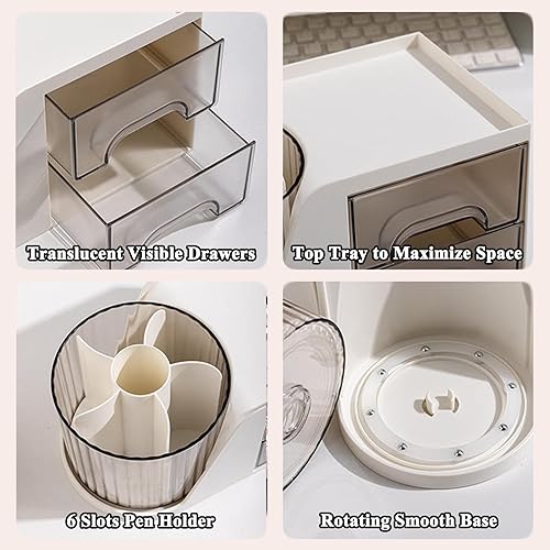 Miniatura 6 de SAYEEC Organizador de escritorio con 2 cajones, 6 ranuras, soporte giratorio multifuncional para lápices, organizador de maquillaje de escritorio,
