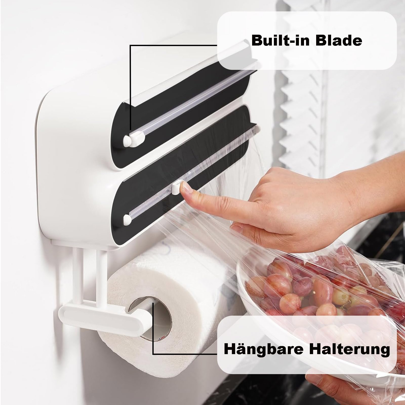 3 in 1 Frischhaltefolienspender, Küchenrollenhalterung mit Küchenrollenhalter, Folienschneider Magnetischer mit Küchenrollenhalter, Wandrollenhalter Alufolienspender, Schwarz