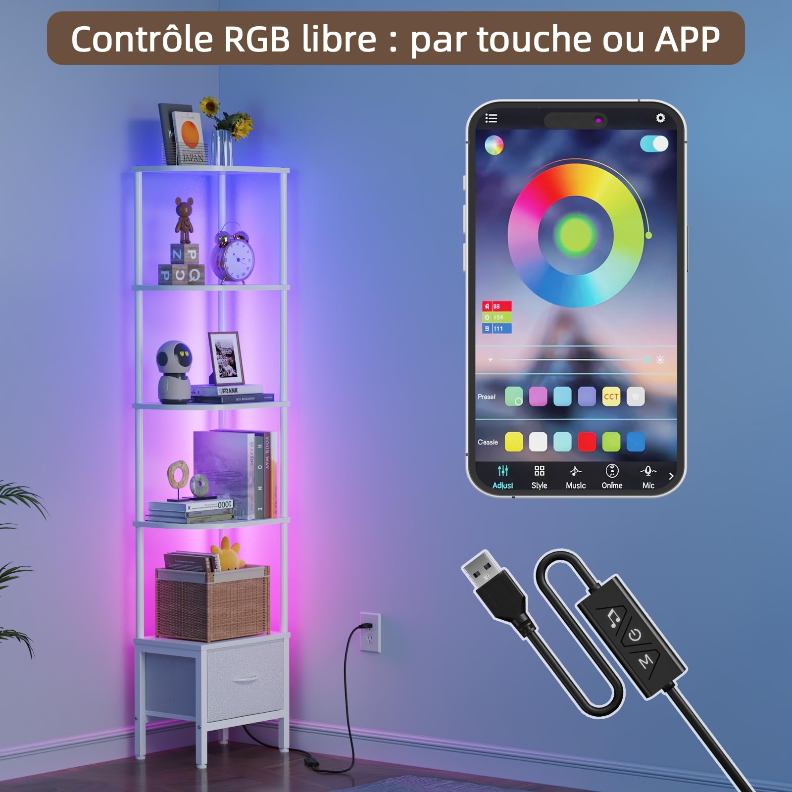 Étagère d'angle 5 Niveaux avec LED et tiroir, Blanc | LED pilotable par APP, montage facile, gain de place, 27×37 cm, étagère étroite, rangement & présentation