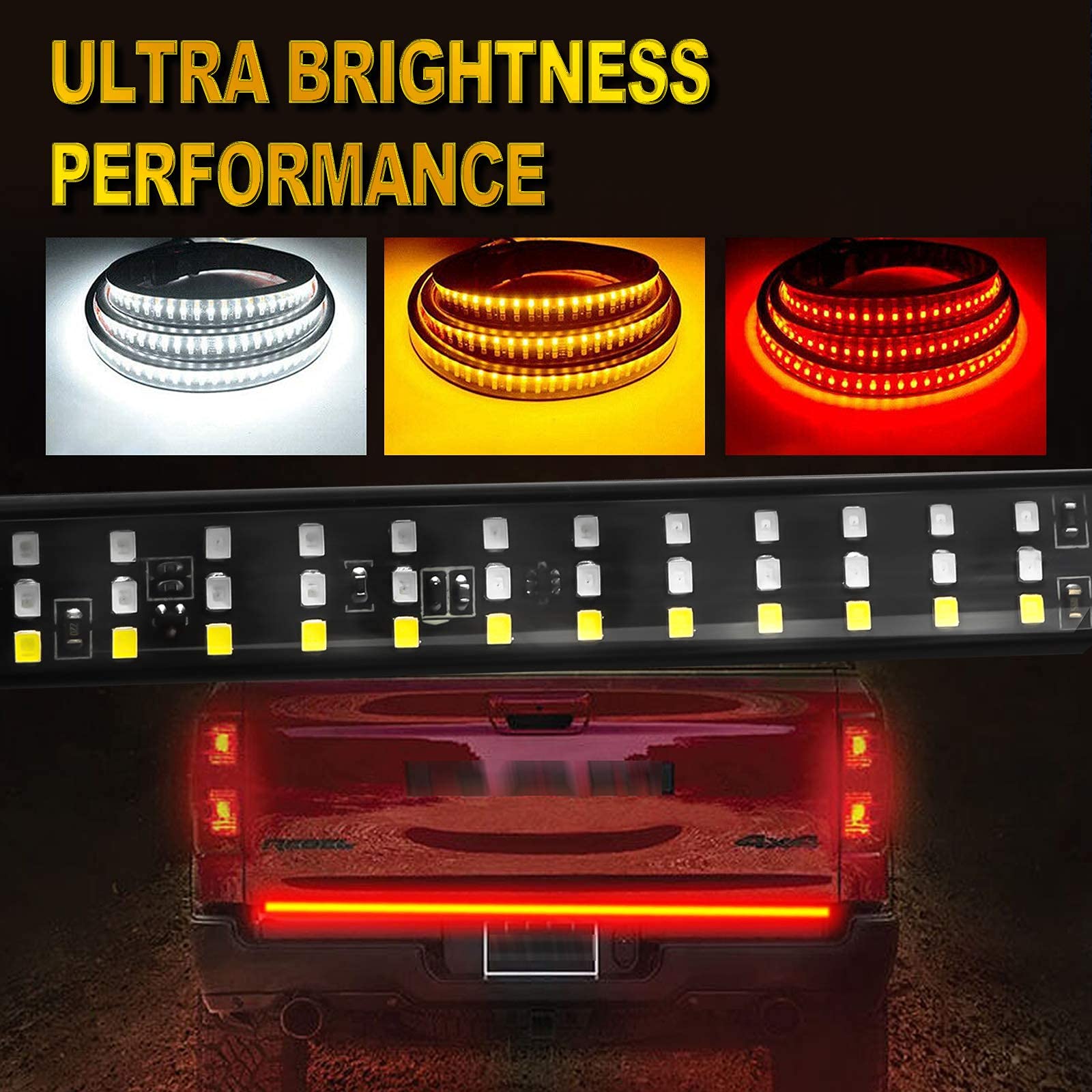Xotic Tech 1pc 432-SMD 5-Functions Flowing LED Tailgate Strip Light for Turn Signal, Brake, Running, Reverse and Double Flash Compatible with Pickup Trucks Trailers RV Van, Amber/Red/White (60