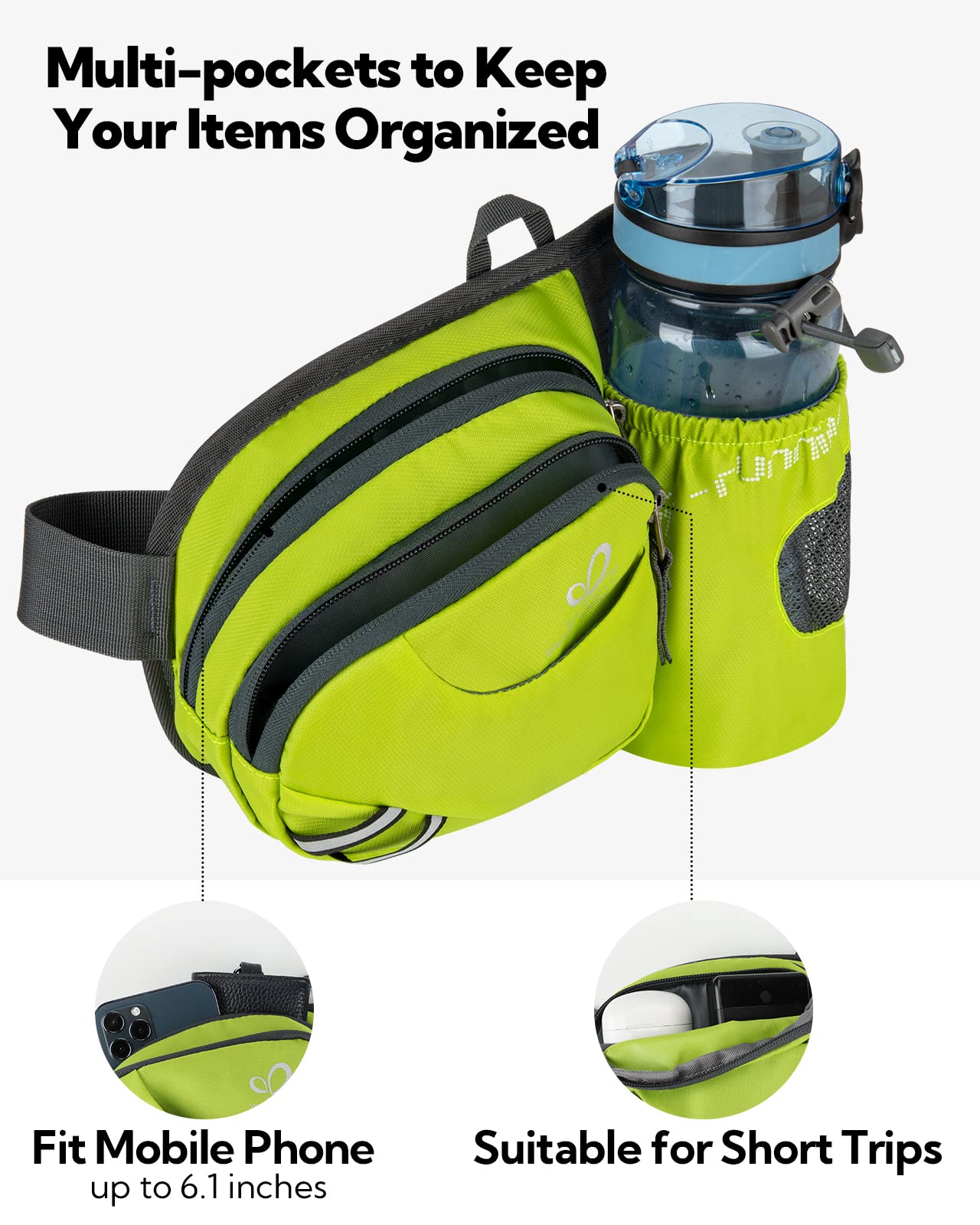 Waterfly Marsupio Trekking con Portaborraccia Marsupio Sportivo Uomo Donna per Escursionismo, Corsa, Ciclismo e Arrampicata (Verde fluorescente)