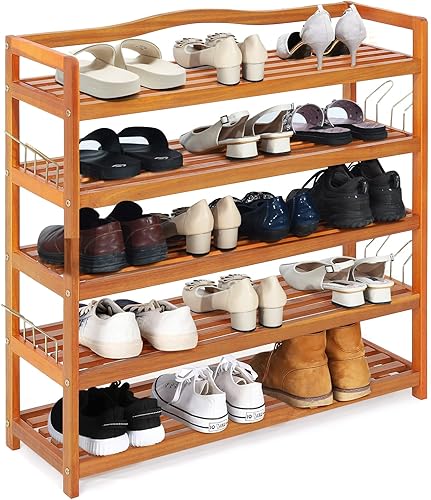 Giantex Zapatero de 5 niveles estante de zapatos de madera de acacia con ganchos laterales de metal capacidad para 12-18 pares organizador de