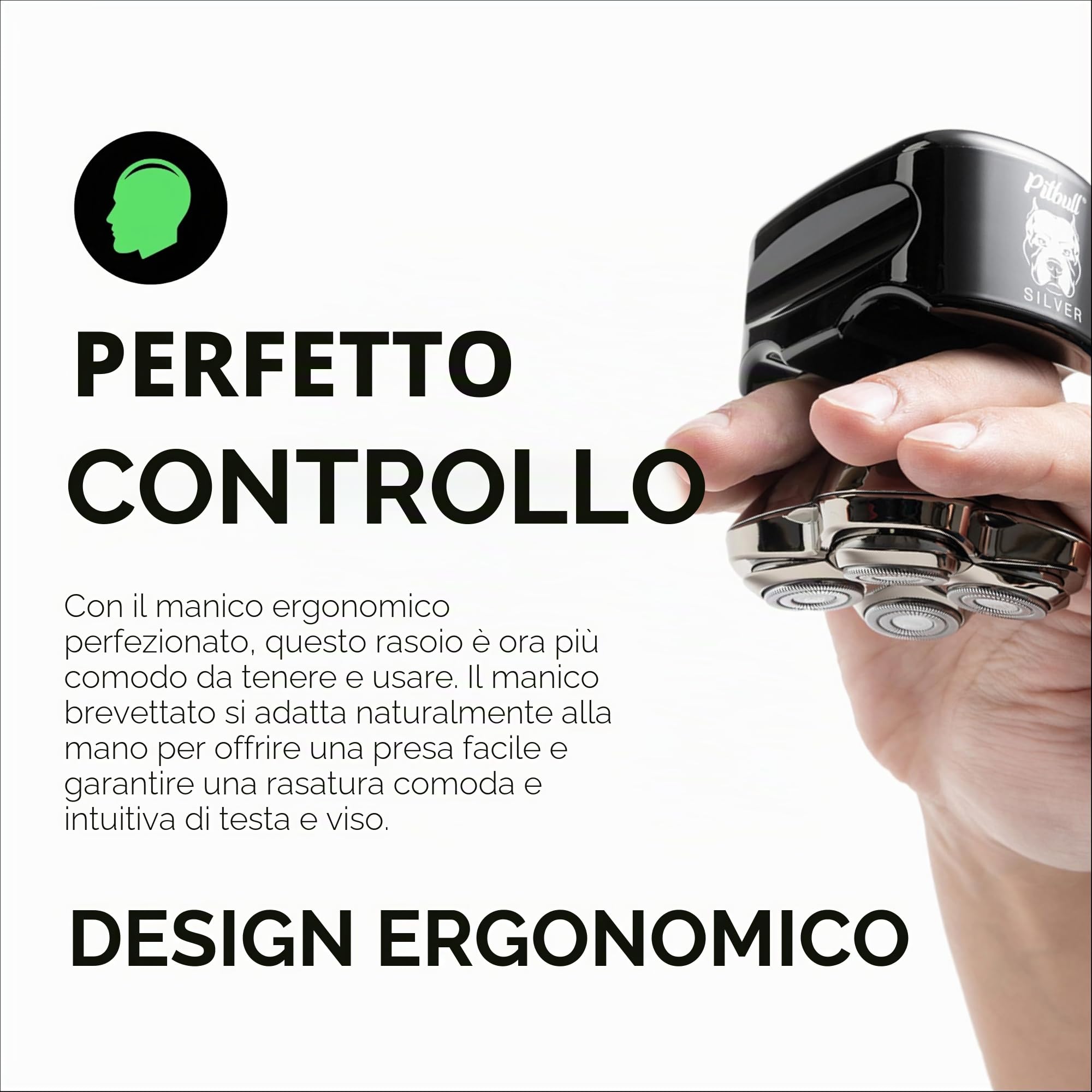Skull Shaver Pitbull Silver Pro SX5 – Rasoio Testa e Viso – Elettrico Uomo, Wet&Dry, Senza Fili, Resistente all’Acqua – Prestazioni Potenziate