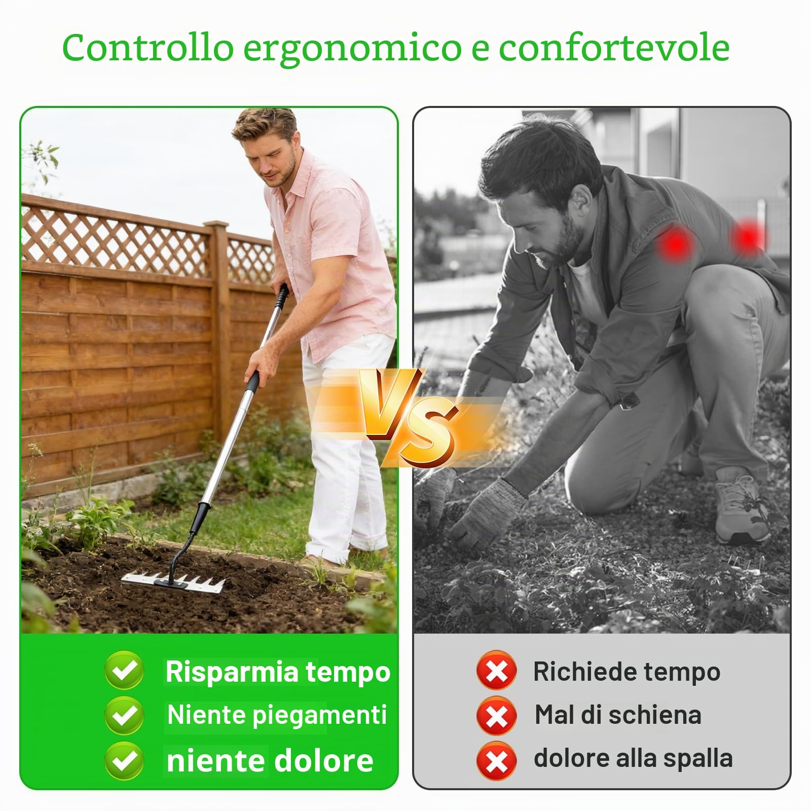 Les-Theresa Rastrello da giardino a 8 denti, in acciaio al carbonio, con manico lungo, strumento per rimuovere le erbacce, per diserbare, giardinaggio e allentamento del prato in cortile