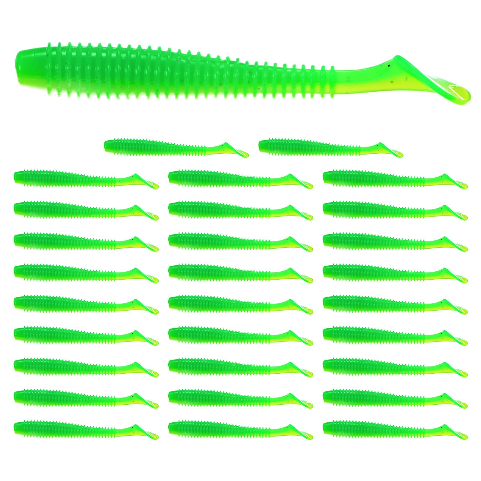 TIXIPEM 2.95" T-Tail Soft Fishing Lures [30-Pack] - Paddle Tail Swim Bait for Bass Trout in Saltwater & Freshwater - Rigged with 1/0 & 2/0 Hooks - Grass Green & Durable ABS Plastic