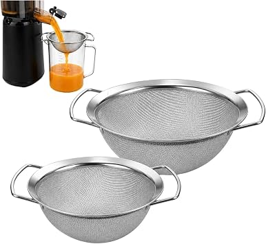 2 Pack Juice Strainer for Nama J2 and Ninja Cold Press Juicers, 304 Stainless Steel Fine Mesh Pulp Filters with Dual Handles, 5.5 and 6.3 Inch, After Juicing