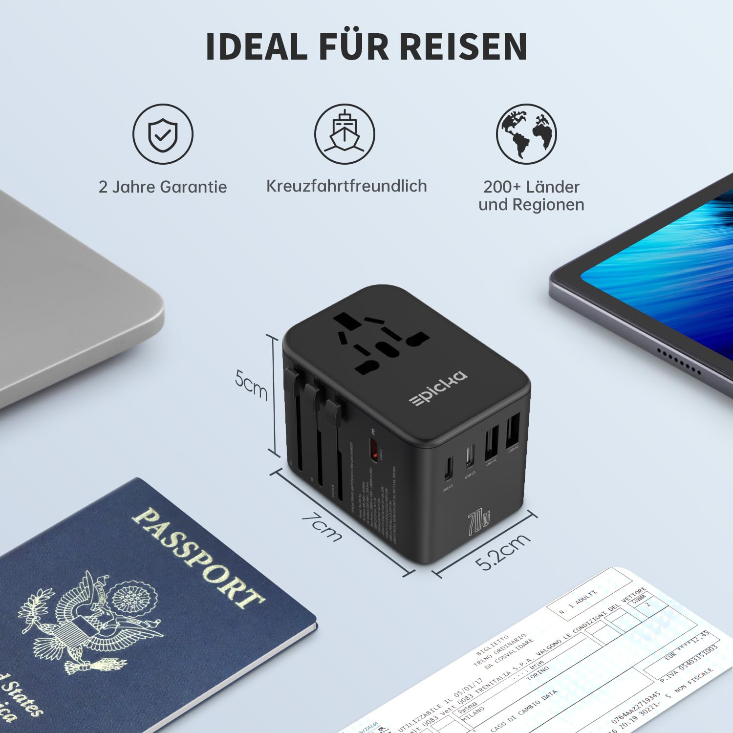 EPICKA GAN Adaptador Enchufe Universal, PD 70W Adaptadores de Viaje con 3 USB-C y 2 USB-A, Adaptador Universal Enchufe Viaje para UK USA Japón, Tailandia, Australia, Irlanda TA-105P, Negro