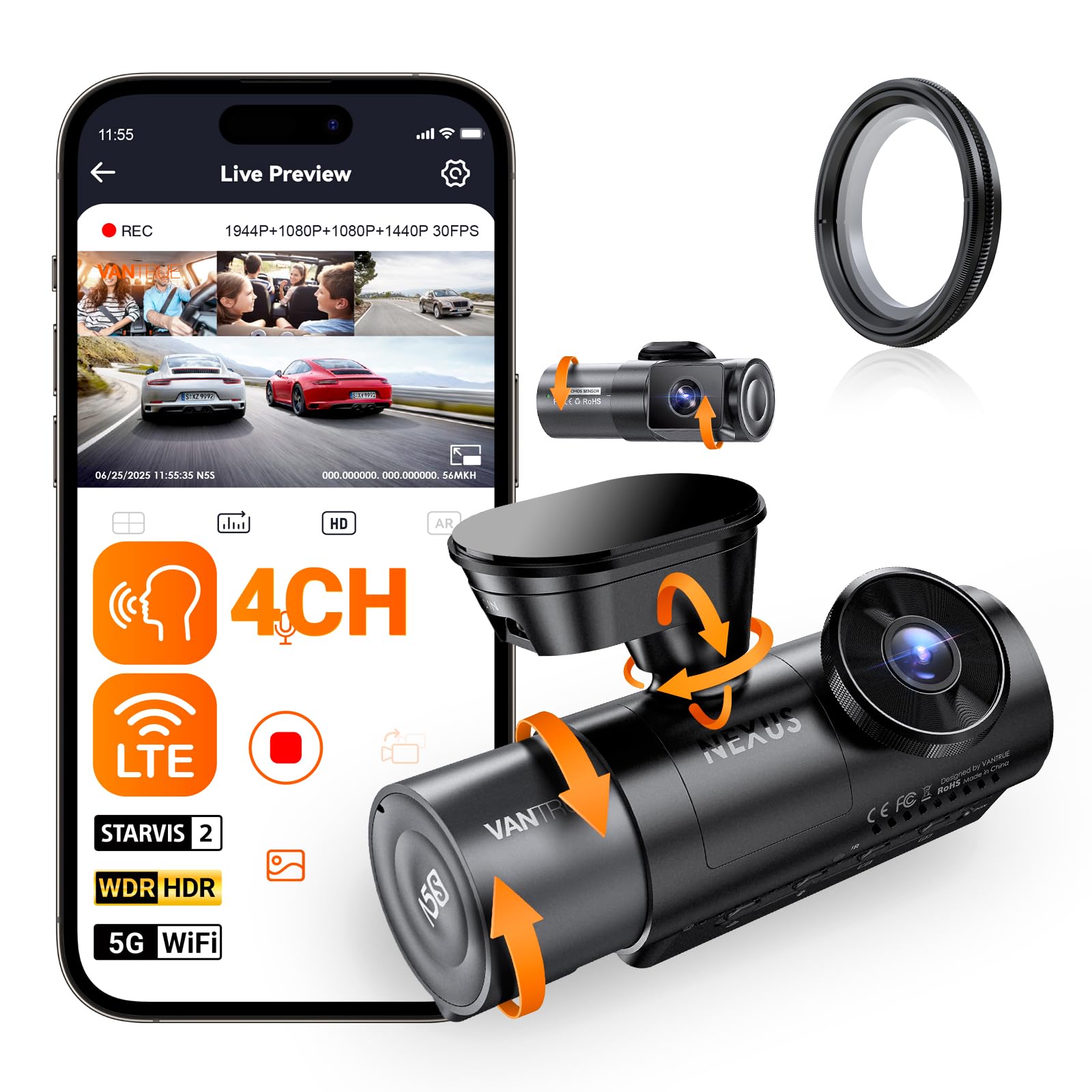 VANTRUE N5S 4-Canaux Dashcam Voiture 2.7K+1080P+1080P+1440P et VANTRUE Filtre Polarisant Circulaire（CPL）