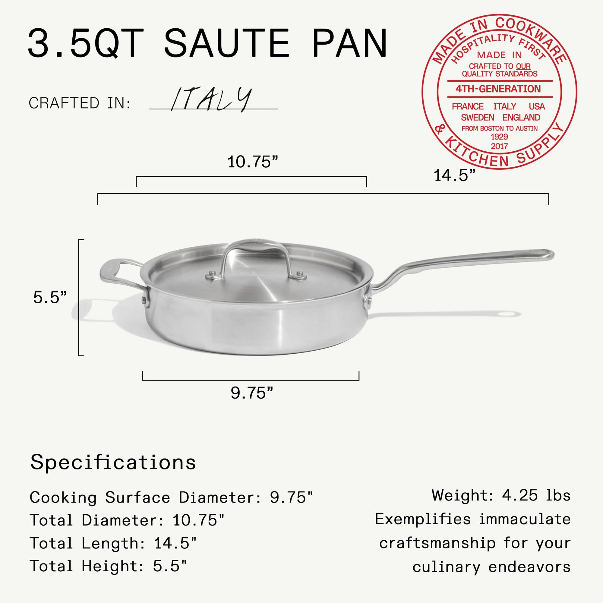 Made In Cookware Sautépfanne aus Keramik, antihaftbeschichtet, mit Deckel, 5-lagig, mit Edelstahl, mit kühlbleibendem Griff, professionelles Kochgeschirr, hergestellt in Italien, Induktionsgeeignet