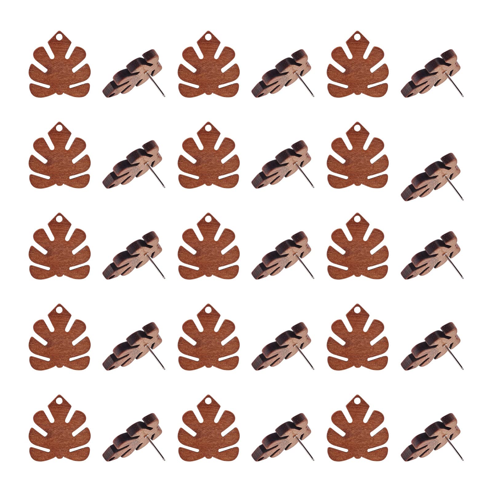 Pandahall 20 Pairs Walnut Wood Monstera Leaf Shape Earring Findings 20x18mm Coconut Brown Dangle Stud Pendants with 304 Stainless Steel Pin for DIY Wooden Earrings Making