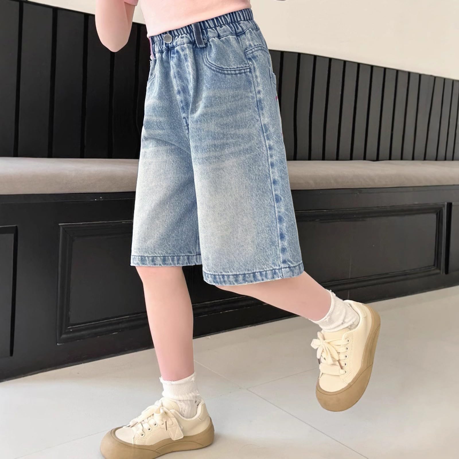 Short en jean élastique taille haute pour filles - Bermuda ample ample pour l'été tendance pour enfants