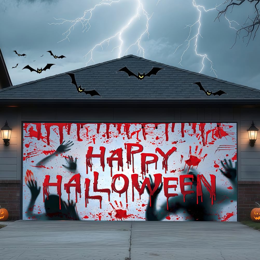 ZFFLYH Halloween Garage Door Cover Banner Outdoor Home Decorations Halloween Hanging Backdrop Door Cover Garage Wall Decor,Bloodhandprint,16 * 7FT