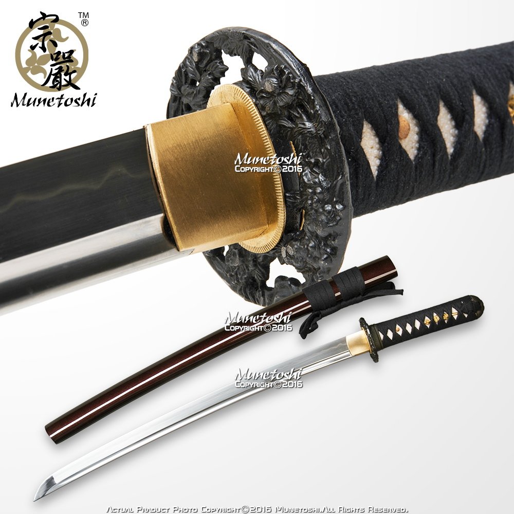 Munetoshi Handmade Lion Dog Wakizashi Differential Harden 1060 Spring Steel Functional Samurai Sword Razor Blade with Bohi