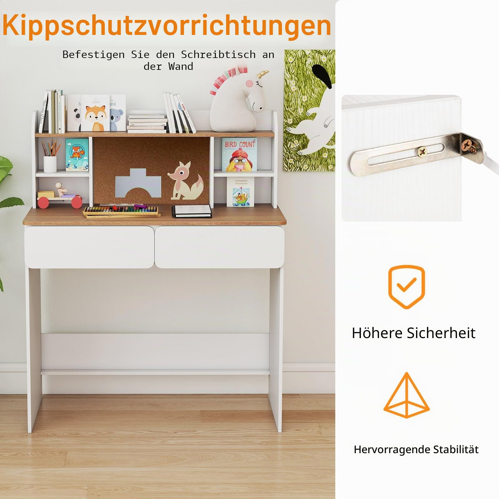 LIFEZEAL Kinder Schreibtisch mit Ladestation, Kinderschreibtisch mit 2 Schubladen & Bücherregal & PC-Halter, Lerntisch Schülerschreibtisch mit Stauraum für Jungen & Mädchen