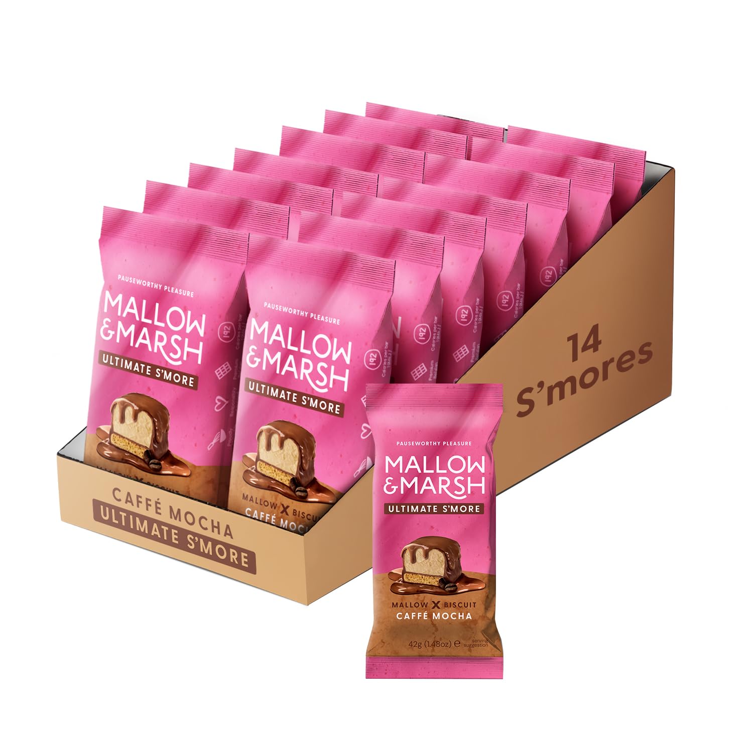 Mallow & Marsh Ultimate S’more Bar - Caffé Mocha, Milk Chocolate Covered Coffee Marshmallow with Biscuit Base (14 x 42g)