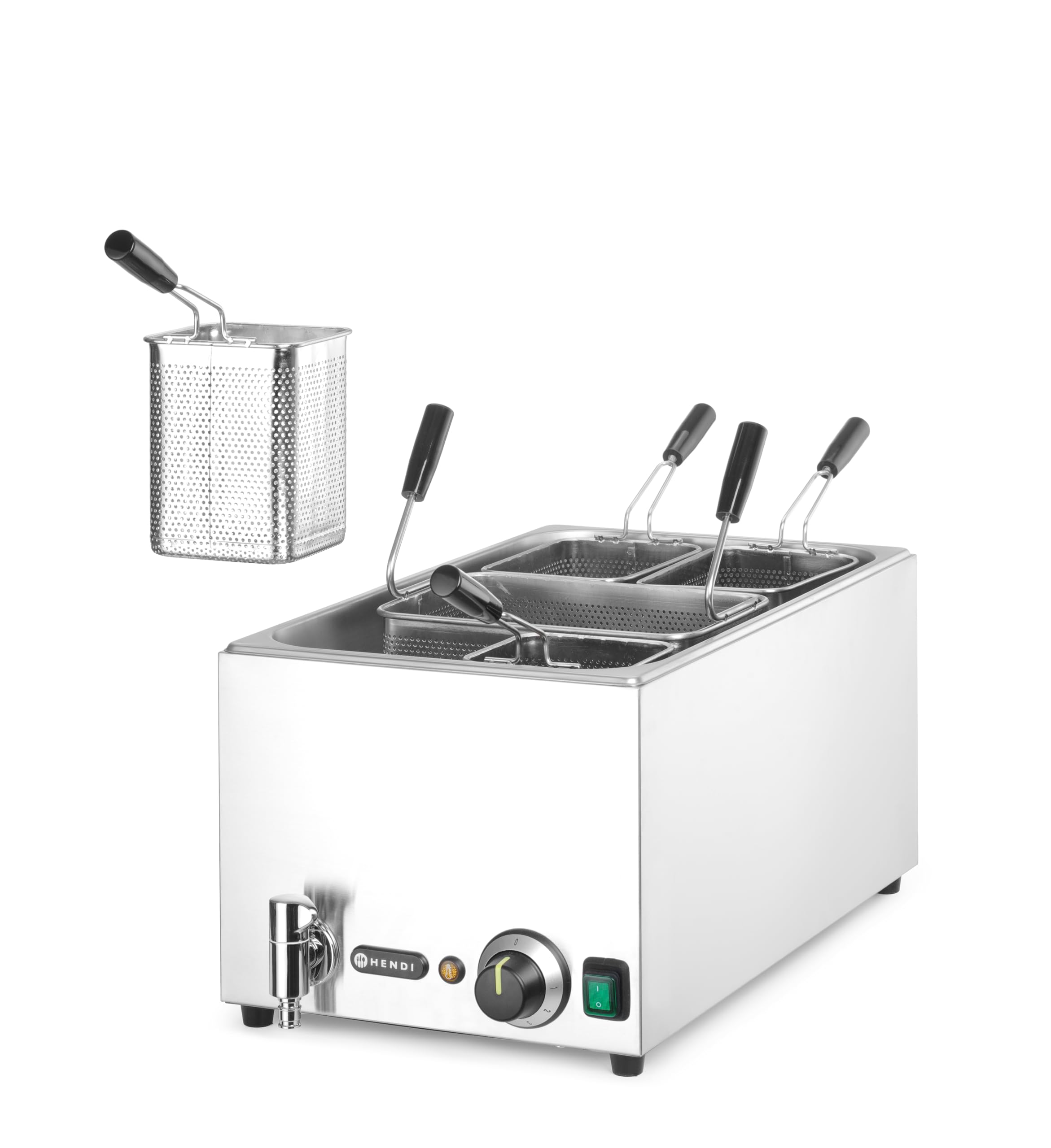 HENDI Cuocipasta Professionale 25 L con 5 Cestelli, Termostato 45–110°C, Rubinetto di Scarico con Blocco Meccanico, 230V/3500 W, 601x326x(H)279mm, Acciaio Inossidabile