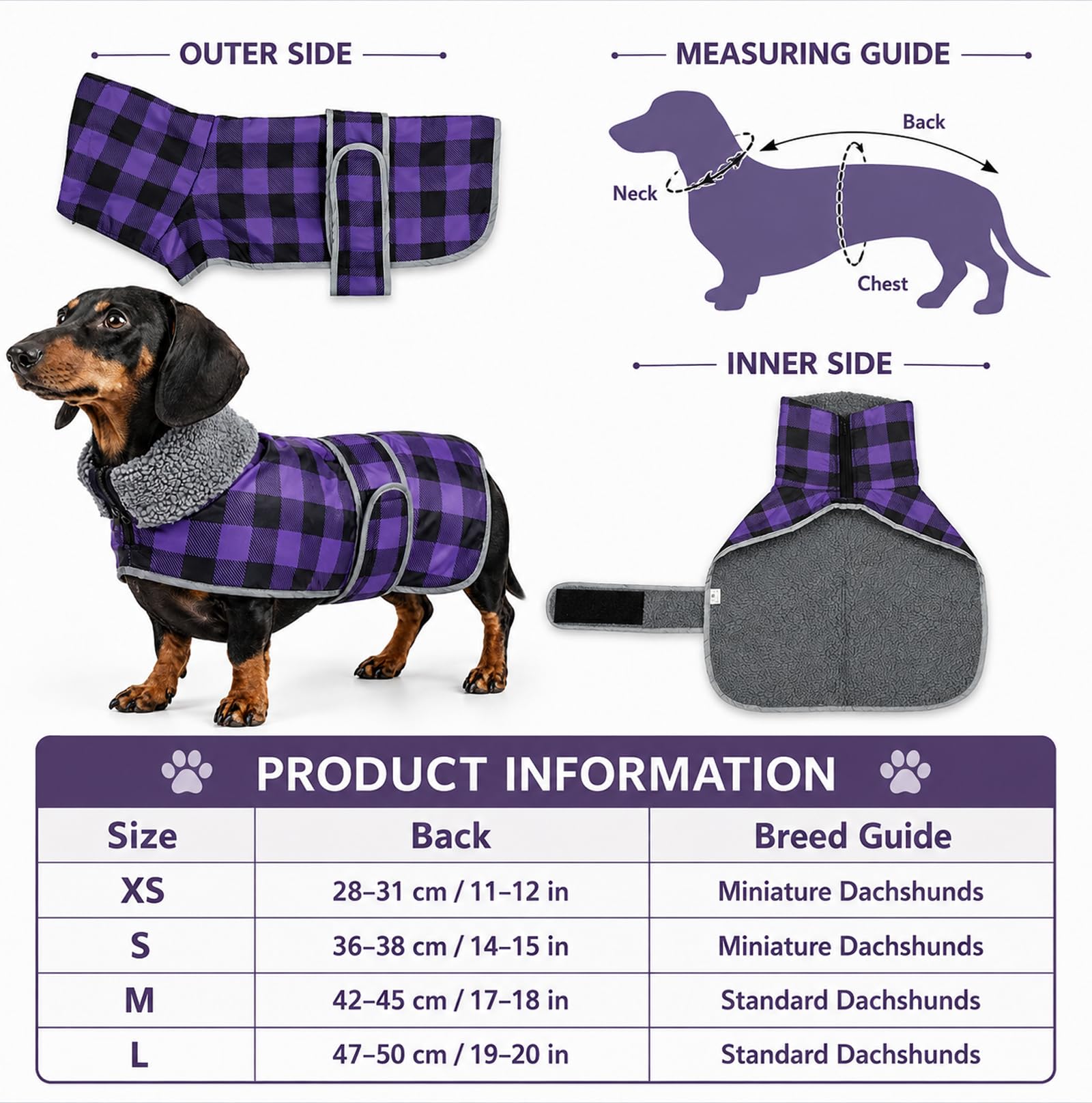 Geyecete dachshund jumper sausage dog coat grid dachshund waterproof coat, Purple - Image 5