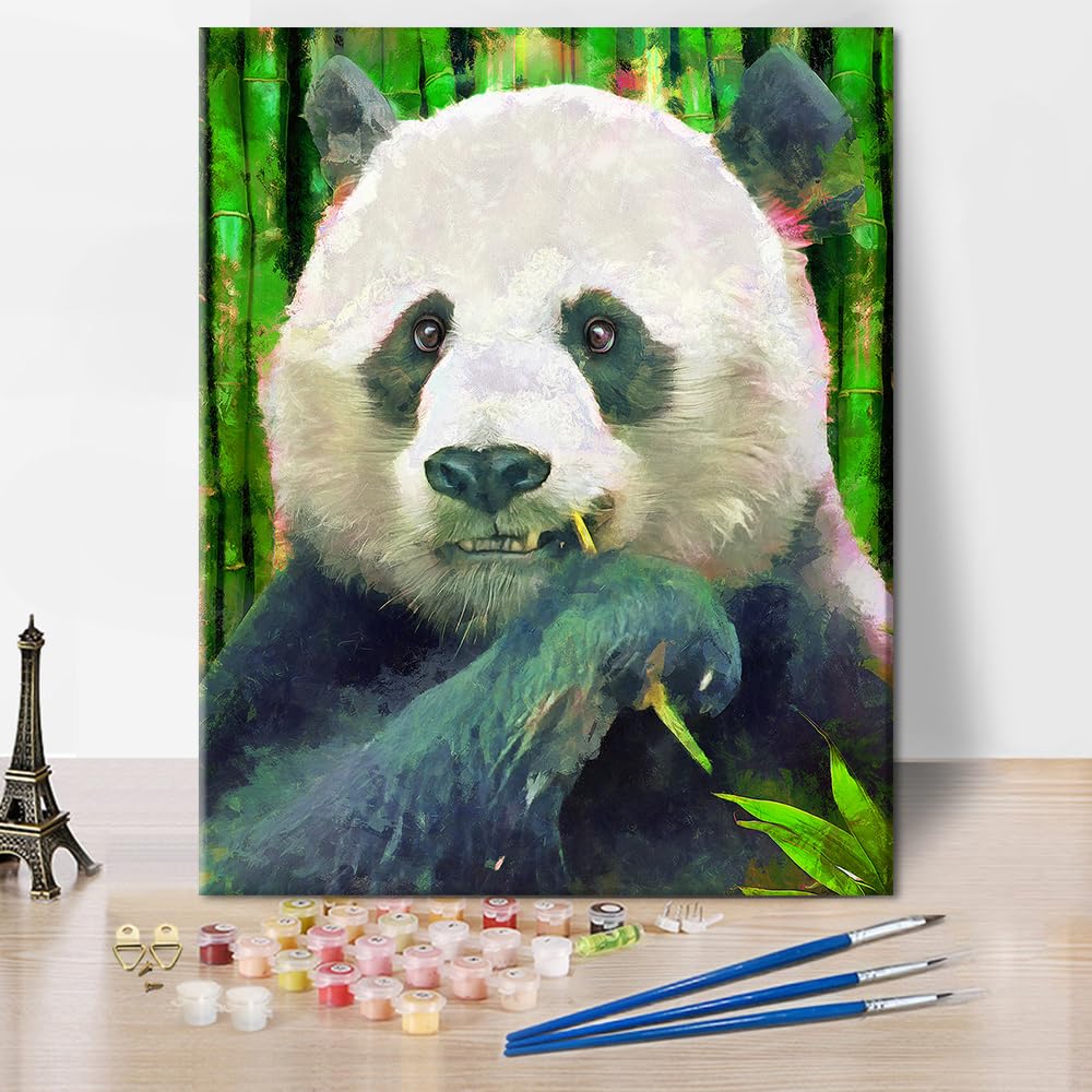 TUMOVO Animal Paint by Numbers for Adults Beginner Chinese Panda Eating Bamboo Paint by Number Kits On Canvas Acrylic Paint,Drawing Paintwork with Paintbrushes Oil Painting Home Decor16x20 inch