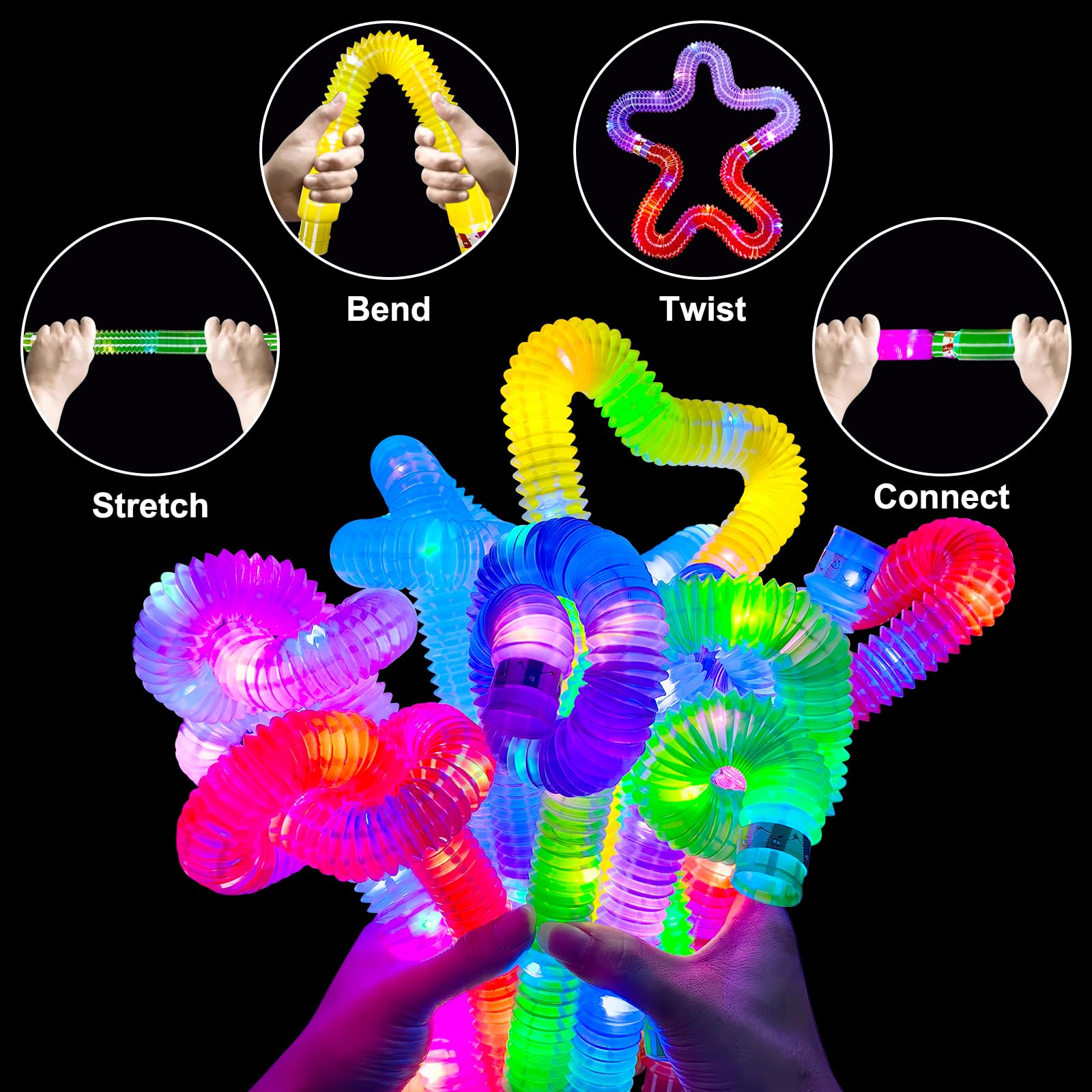 ALEENFOON Light Up Pop Tubes LED Sensory Fidget Toys LED Pop Glow Sticks Glow in the Dark Party Supplies for Christmas Party Decorations 12 Pack Glow Pop Tubes Fidget Toy (C) - Image 2