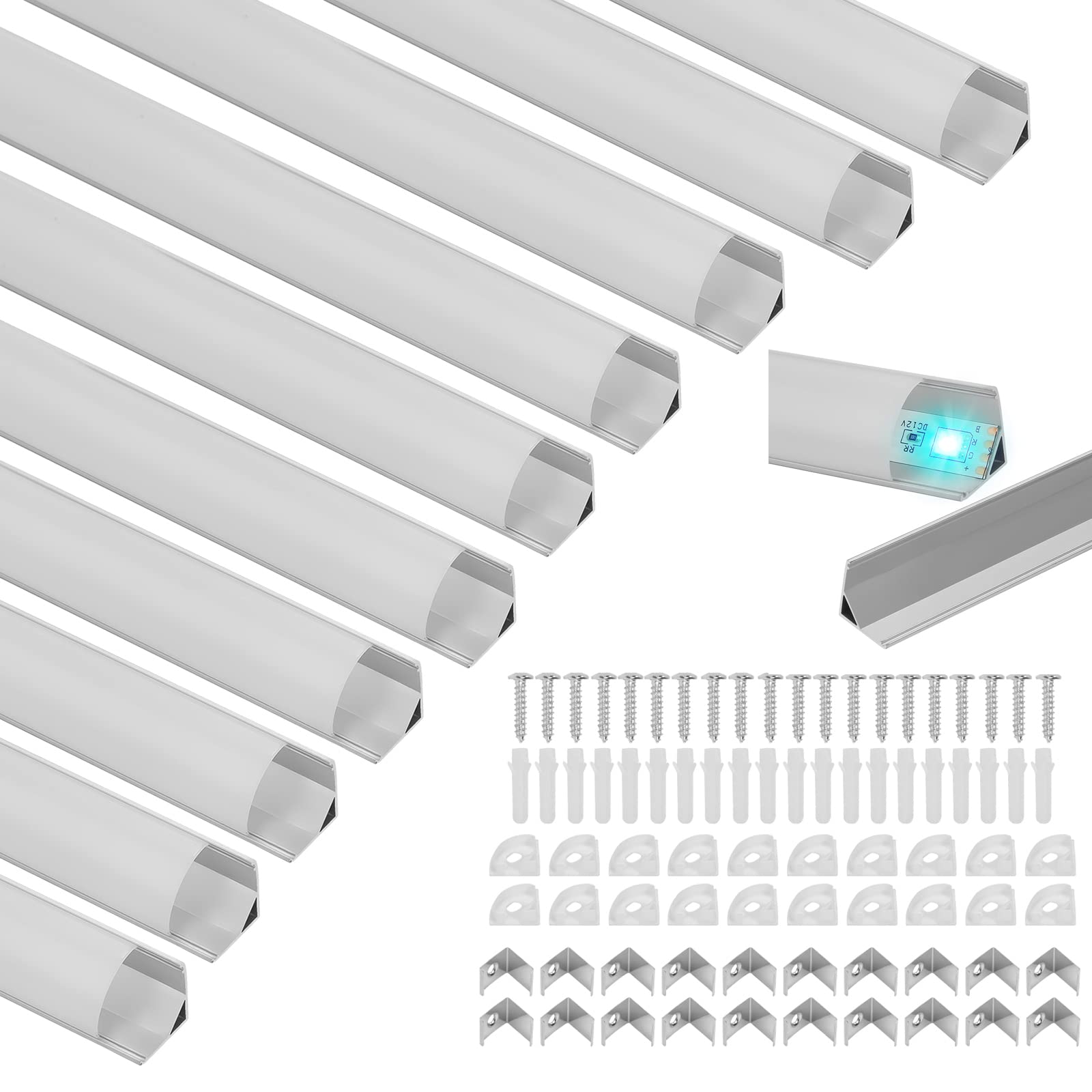 Zestaw taśm LED z profilem aluminiowym – 10 x 1 m kanały LED w kształcie litery V do taśmy LED 11 mm wraz z mlecznobiałą pokrywą, zaślepkami, klipsami montażowymi i łącznikami narożnymi