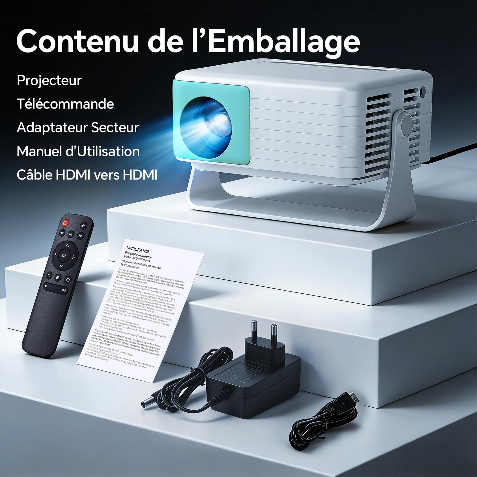 WOLFANG Vidéoprojecteur Portable Mini, Retroprojecteur pour Chambre, Compatible Full HD 1080P, Correction Keystone Automatique, Zoom 50% et Rotation 180°, iOS/Android/TV Stick