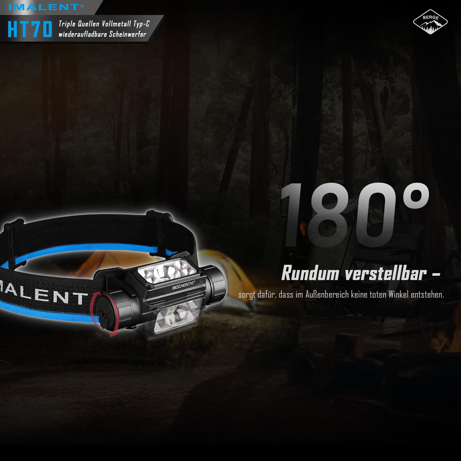 IMALENT HT70 LED Stirnlampe mit 3500 Lumen, 349 Meter Leuchtweite, USB-C Stirnlampe Led Wiederaufladbar 3 Lichtquellen mit Rotlicht 180° Verstellbar fürs Laufen, Angeln, Campen, Notfälle