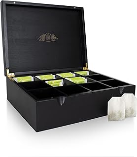 Nimma Boîte à Thé – 12 Compartiments en Bois avec Fermeture Magnétique – Compatible Pickwick, Lipton & Autres – Noir – Compartiments Extra-Larges pour Sachets et Thé en Vrac
