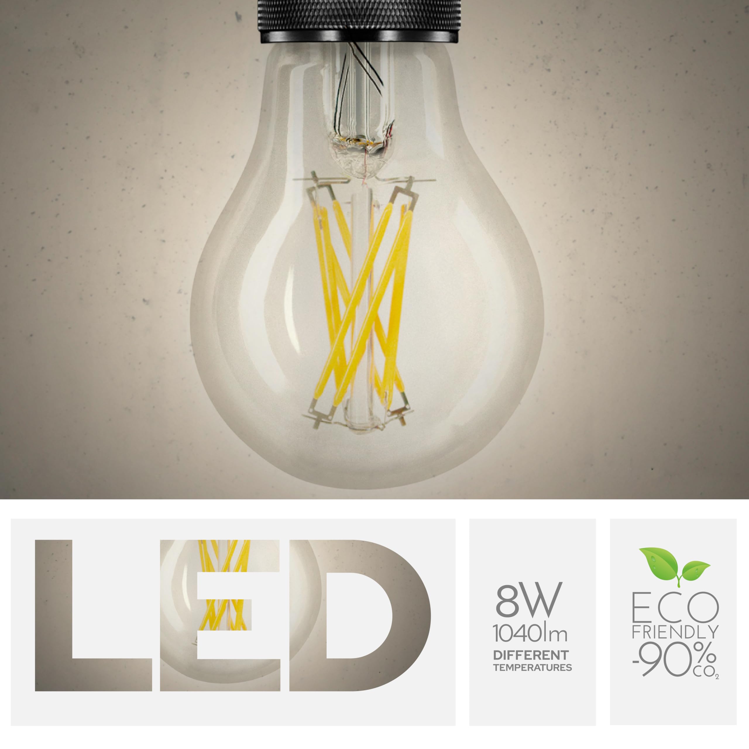 Smart Goccia Color Click Glühbirne 8W, E27, transparentes Glas, variable Farbe 2100-4000-6000K, gerader LED-Glühfaden, 960 Lumen, 10er-Pack