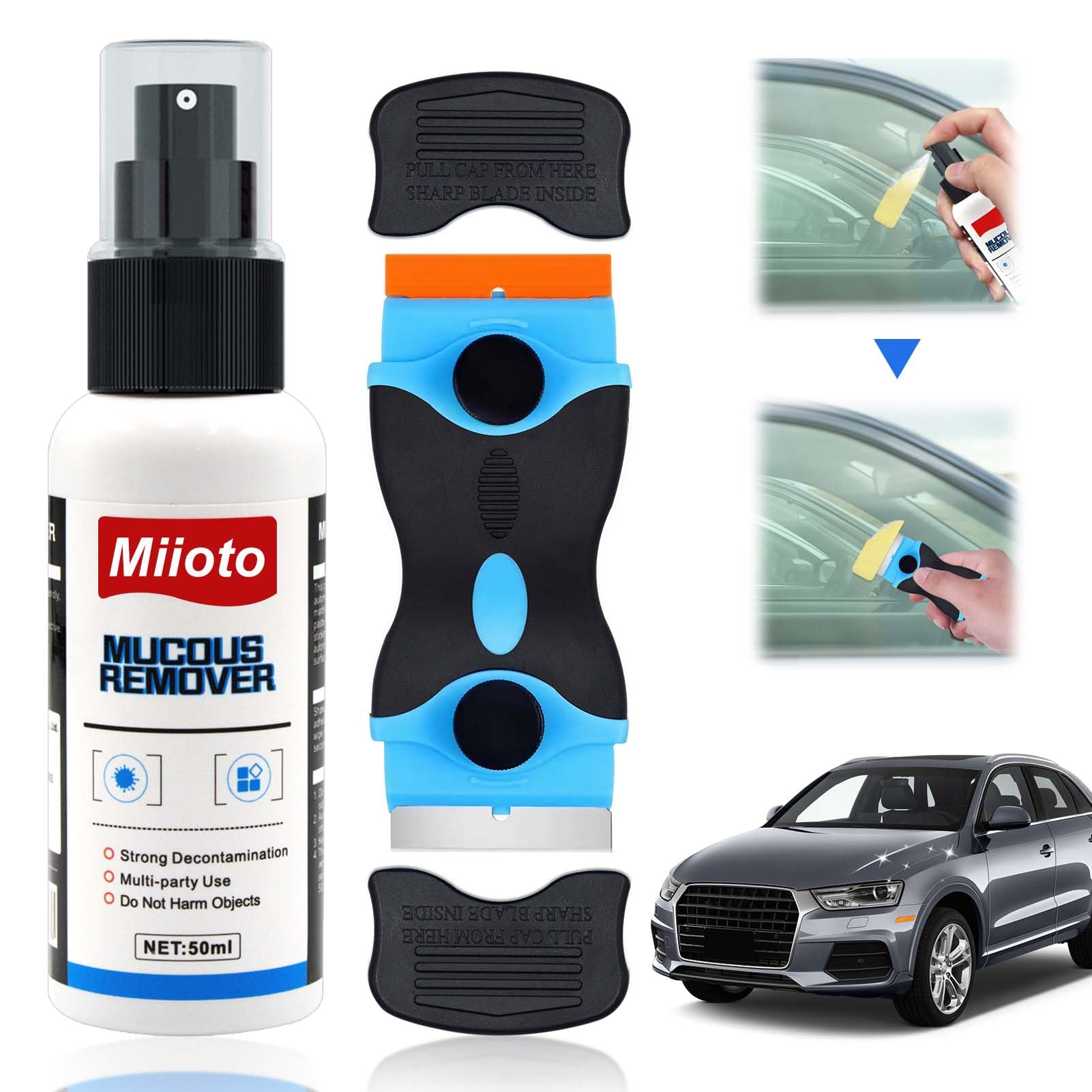 Miioto Quita Pegamento Adhesivo, Disolvente Pegamento, Quita Adhesivos Coche, Viene con un Raspador Multifuncional, Elimina Rápidamente Etiquetas Rebeldes y Residuos de Pegamento de tu Coche - 50ML