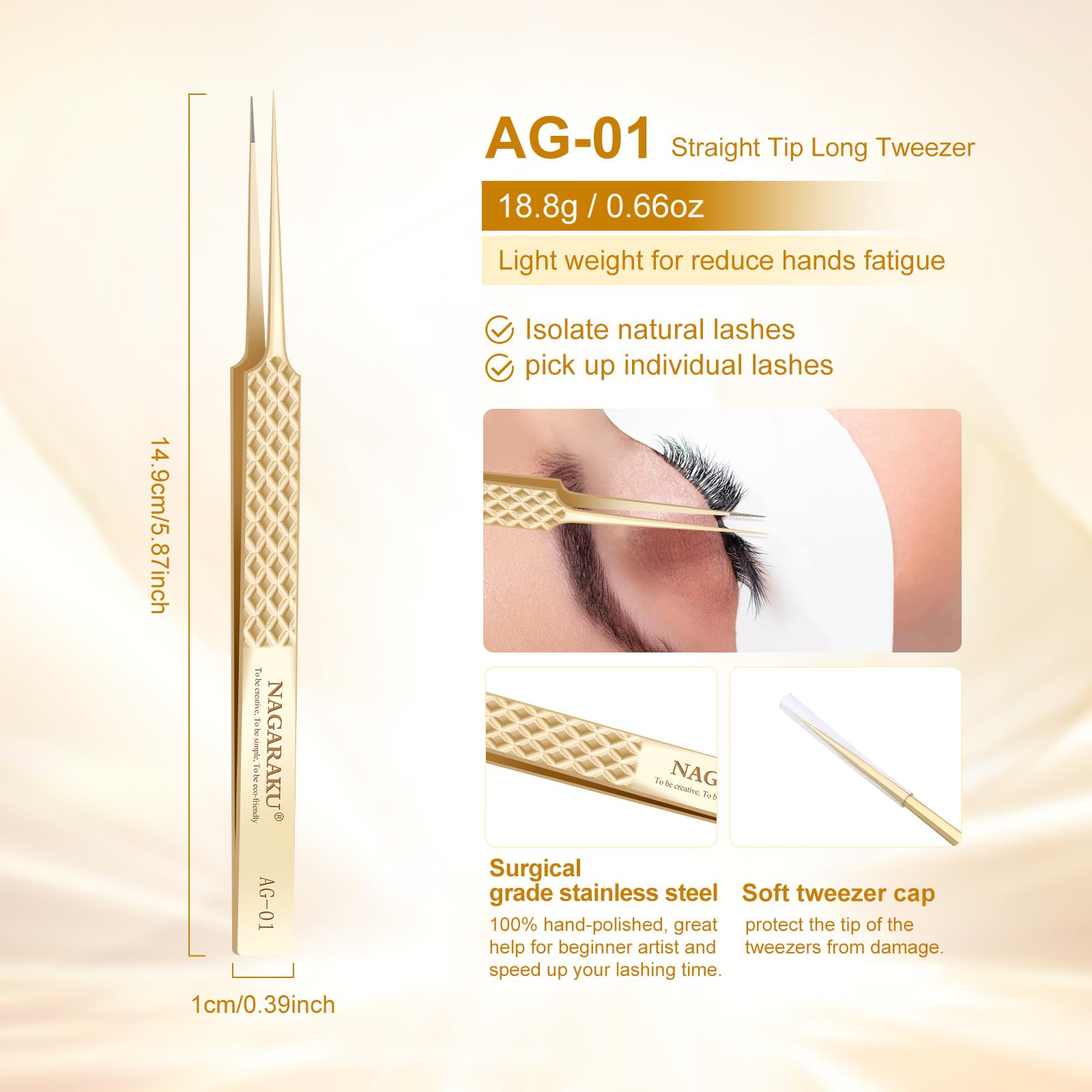 NAGARAKU Precision Fiber Tip Tweezer for Eyelash Extensions Diamond Handle 5cm Slim Tweezers Tip Anti-Static Anti-Slip Stainless Steel Pointed Separate Eyelashes Straight Tweezers with Box(AG-01) - Image 2