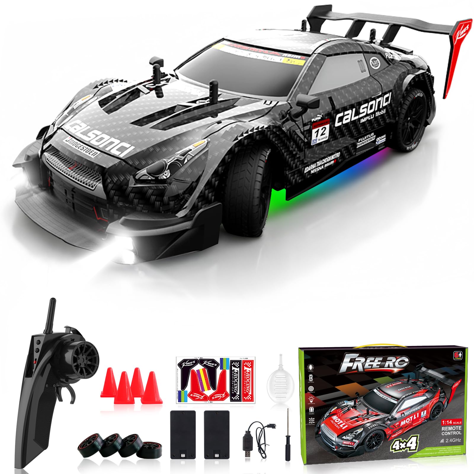 Remote Control Car RC Drift Car 1:16 Scale 4WD RC Vehicle with LED Lights 2.4GHz 30km/h RTR High Speed Racing Sport Toy for Adults Boys Girls Kids Gift 2Pcs Rechargeable Battery