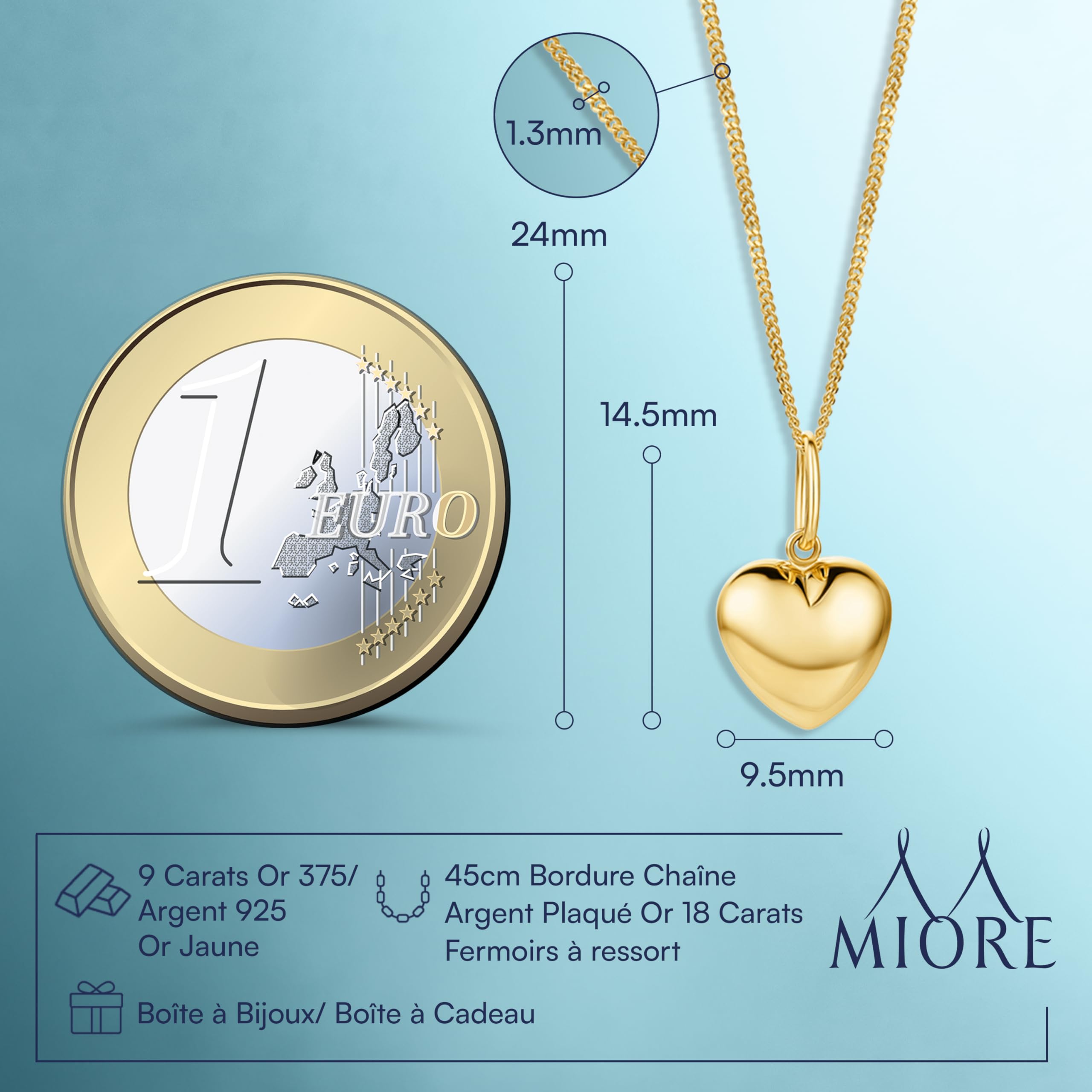 MIORE Collier Femme, Pendentif Or Jaune 9 Carat 375, Chaine Argent 925/Plaqué Or 18 Ct, Pendentif Cœur, Collier Coeur Bombé, Chaine Gourmette 45cm, Bijoux Femme Hypoallergéniques, Avec Boite a Bijoux