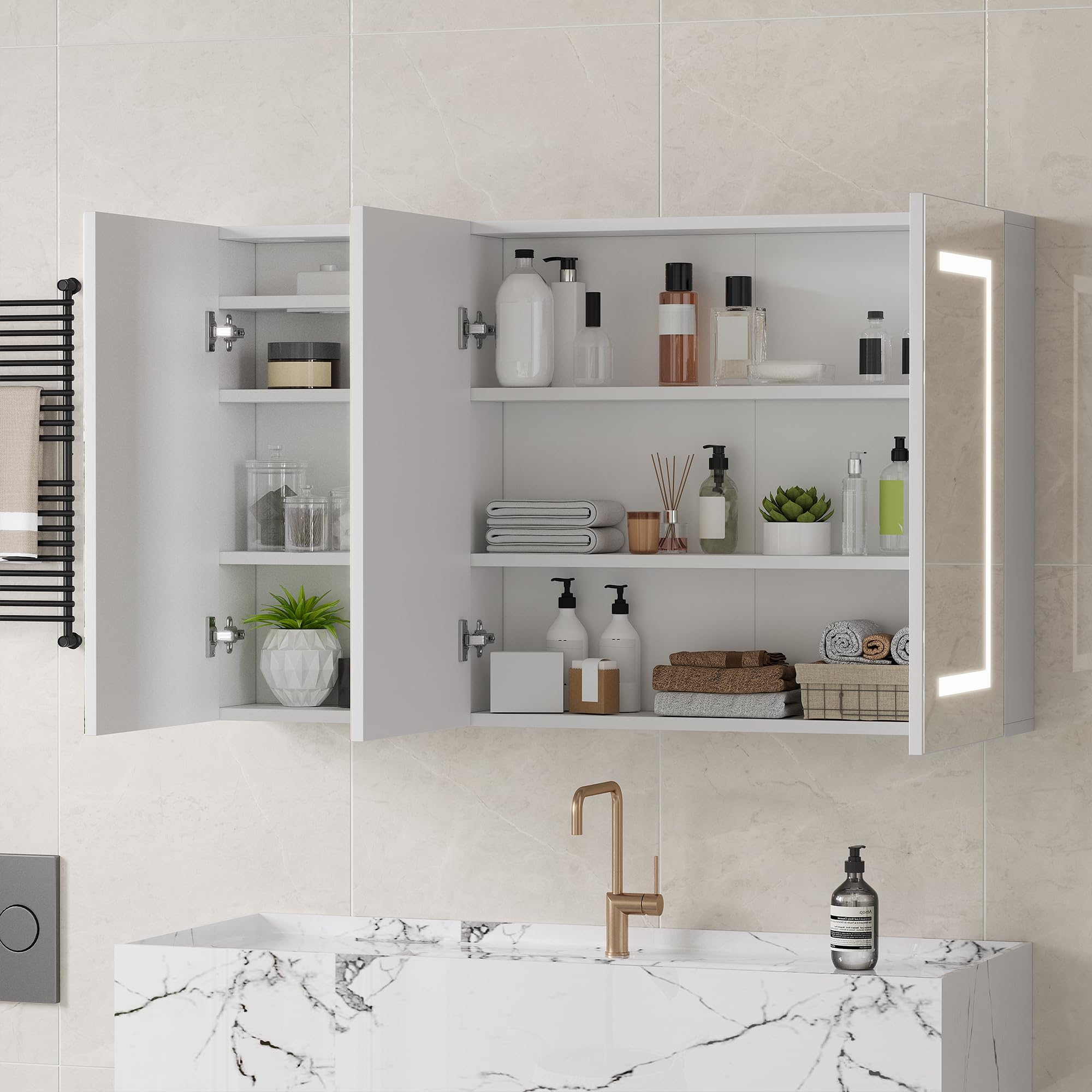 Armario con espejo con iluminación led, gabinete de baño con 3 colores de luz, espejo de baño con almacenamiento y 3 puertas, armario con espejo con estante ajustable (blanco, 2, 100 x 60 cm)