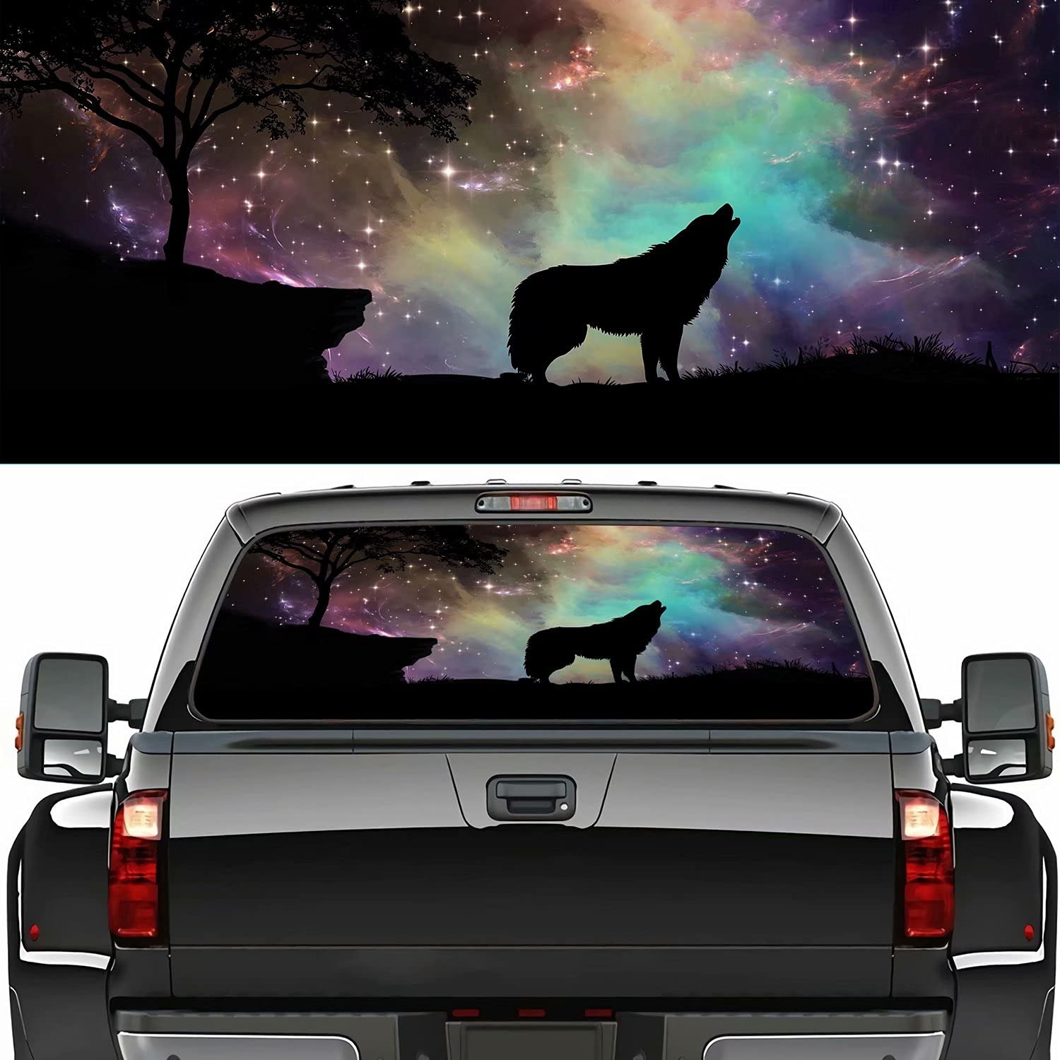 Rear Window Graphic Decal for Trucks SUV, Cars, Universal,Starry Sky Wolf Single Side View Perforated Vinyl Window Film Truck Back Window Decals Sticker