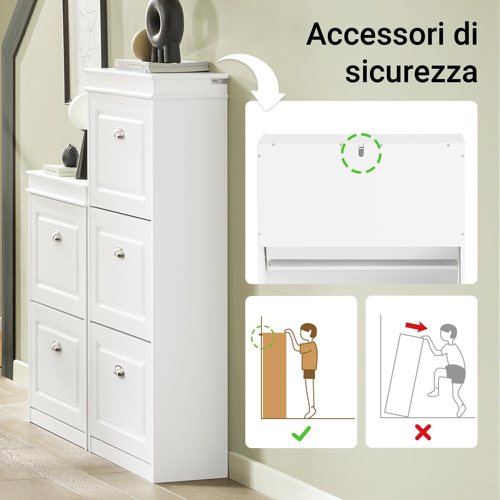 SoBuy Scarpiera Salvaspazio Slim Legno - Mobiletto da Ingresso 3 Ante a Ribalta, Armadio Portascarpe Scarpiera Moderna per Ingresso, Corridoio o Camera da Letto 53x24x117cm Bianca FSR94-W