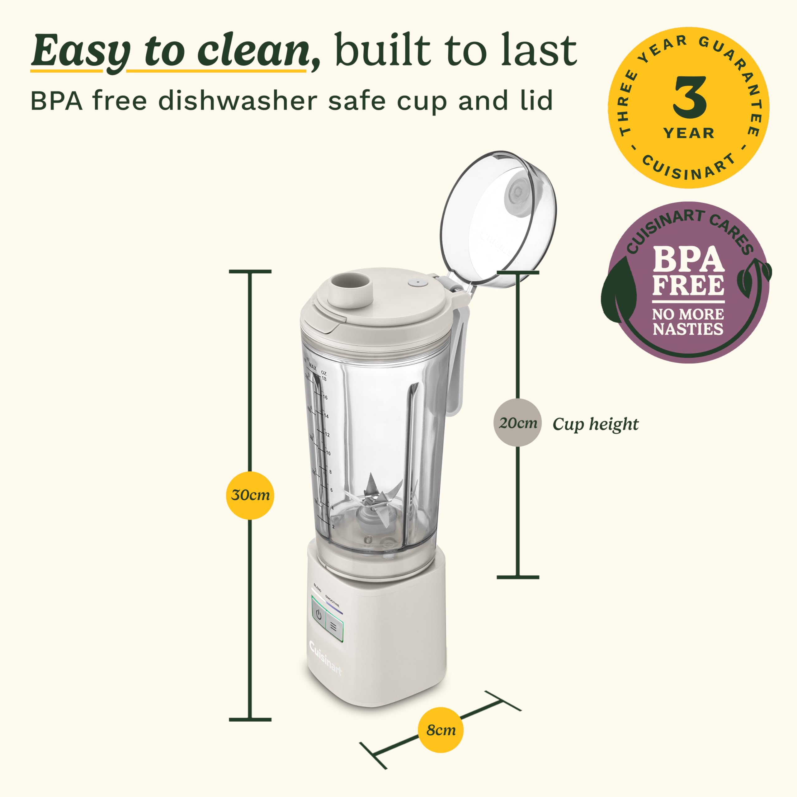 Cuisinart Blast & Go - Licuadora portátil | Sin cable, recargable USB-C | Taza de viaje sin BPA | Motor de 20.000 RPM | 2 presetes: Mezcla y batidos, batidos de proteínas, hielo triturado, frutas