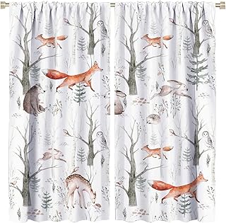 Rustic Forest Animal Curtains,Cartoon Wildlife Woodland Deer Bear Rabbit Fox Watercolor Jungle Curtains for Child Nursery Baby Boy Girl Bedroom Living Room Window Drapes 2 Panel Set 42