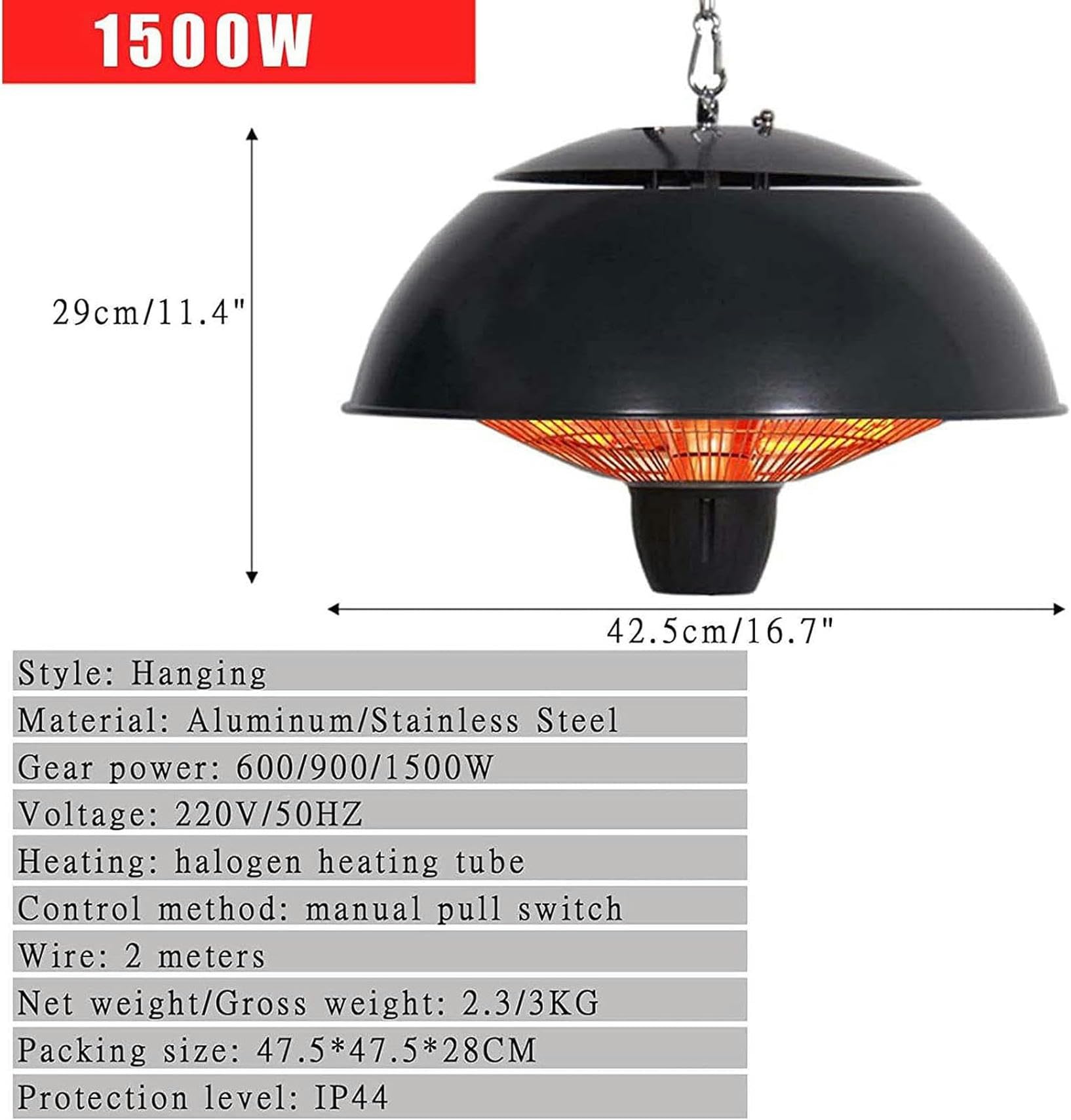 Riscaldatore Elettrico Per Patio, Riscaldatore Radiante A Tubo Alogeno Da 1500 W Con 3 Impostazioni Di Calore, Riscaldatore A Infrarossi Per Esterni Con Design Impermeabile E Montato A Soffitto